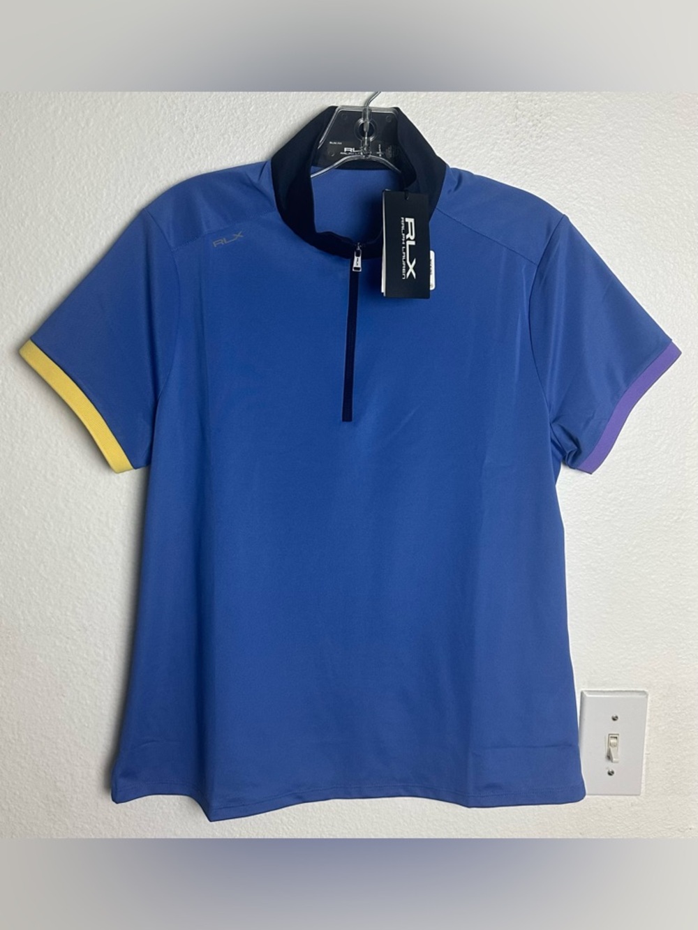 Ralph Lauren RLX Air Tech Pique 1/4 ZIP Tri Color Polo Golf Top Blue Size M New - Picture 2 of 15
